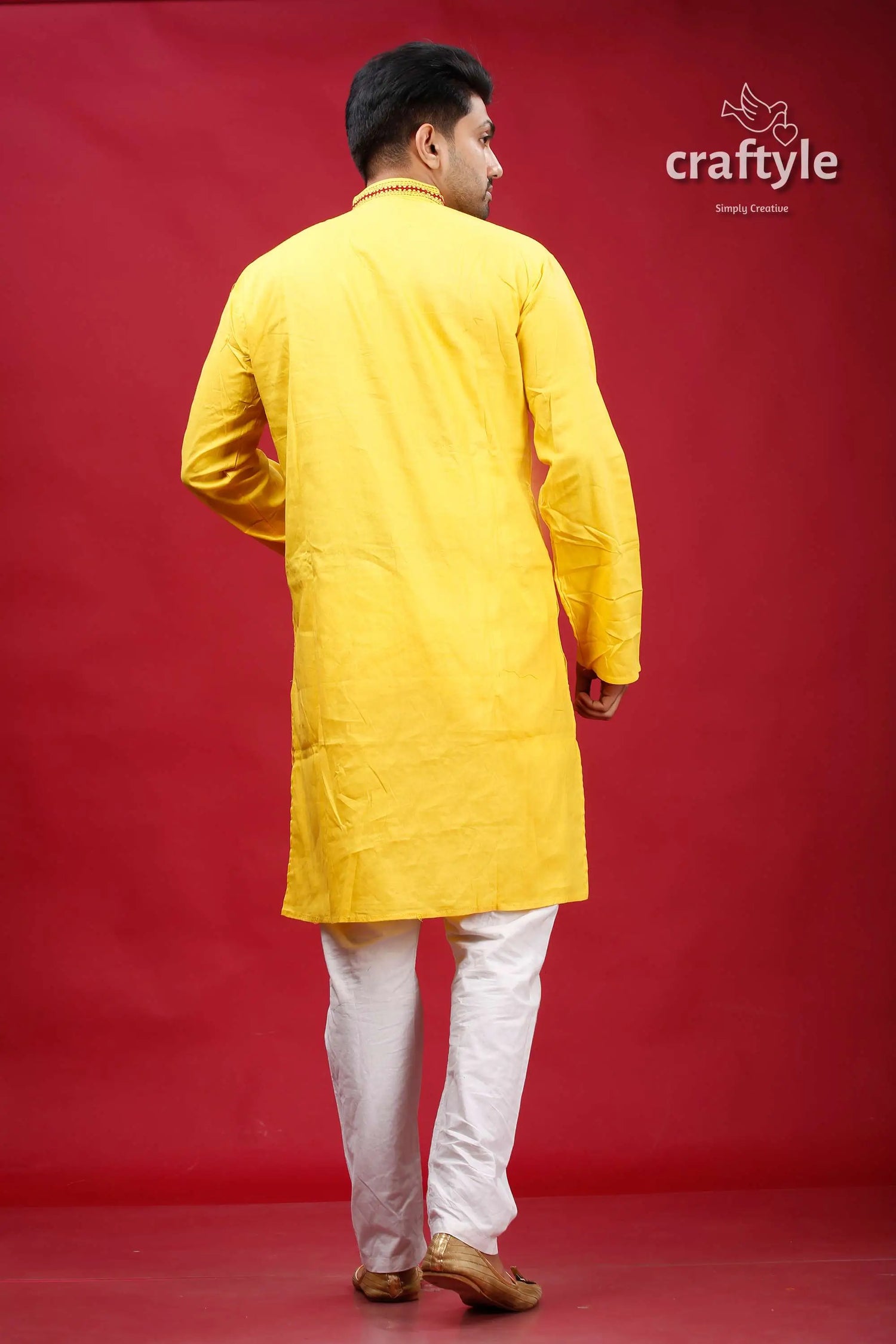Banana yellow kutch work ethnic cotton kurta for men yellow kurta white pants 5