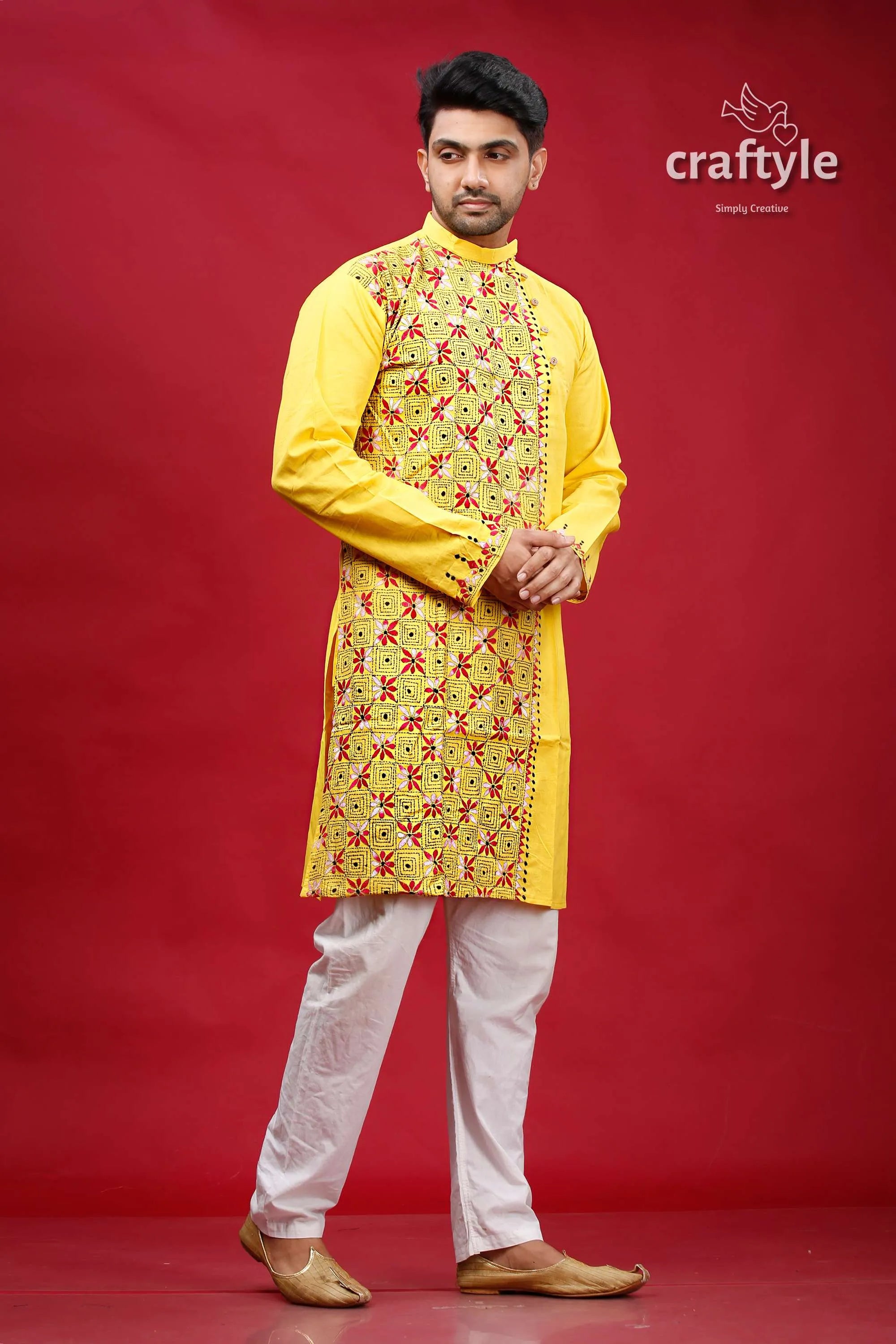 Banana yellow multithread kantha work men’s cotton punjabi embroidered kurta red gold 5