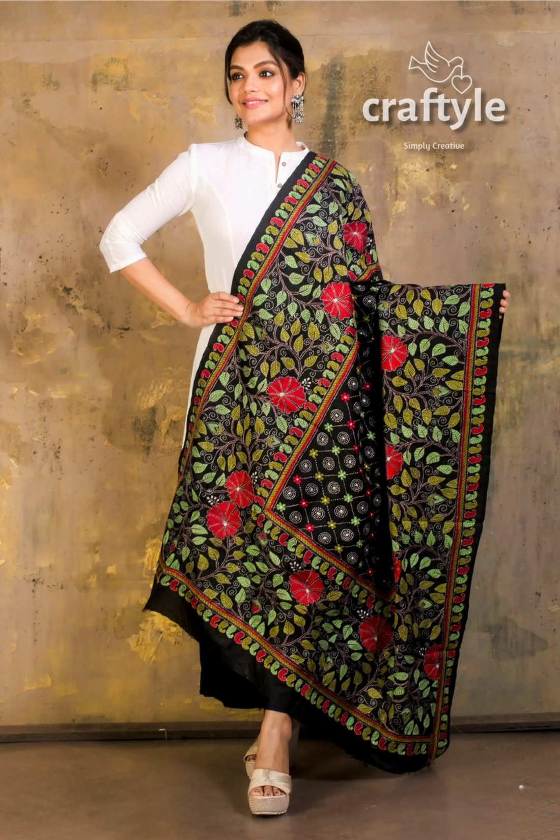 Bangalore silk kantha work dupatta embroidered black shawl red floral 2