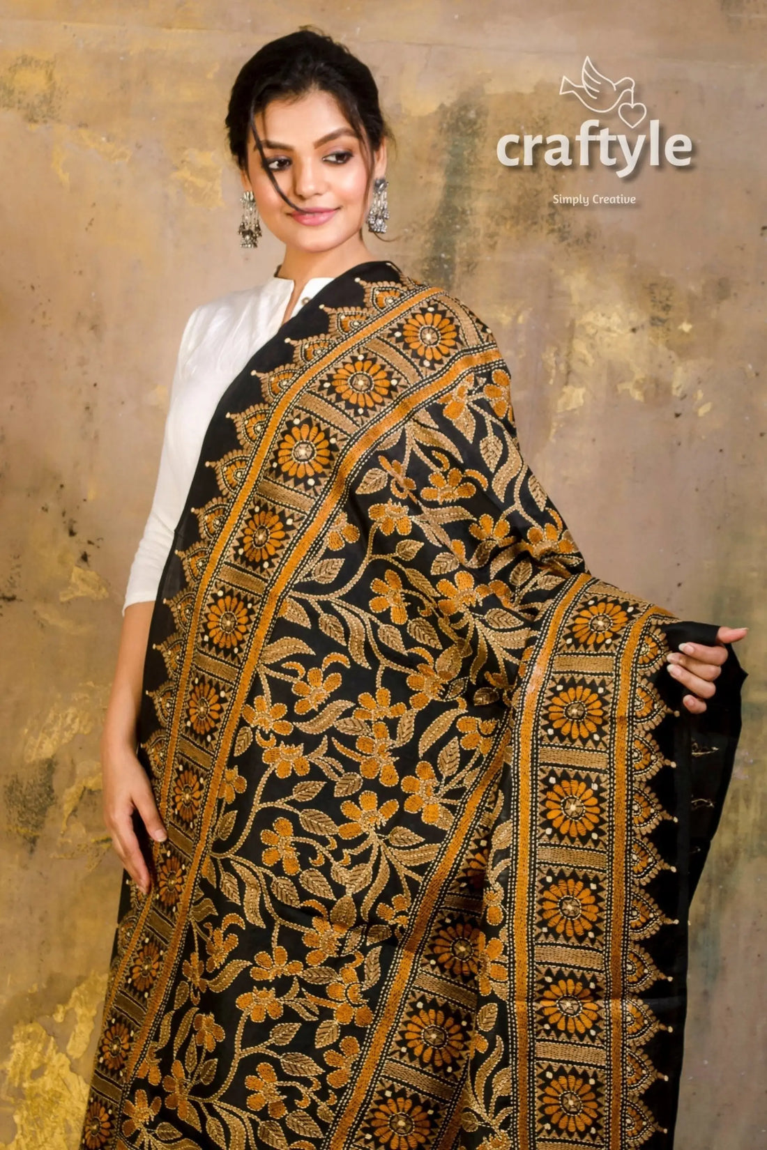 Bangalore Silk Kantha Work Dupatta - Craftyle