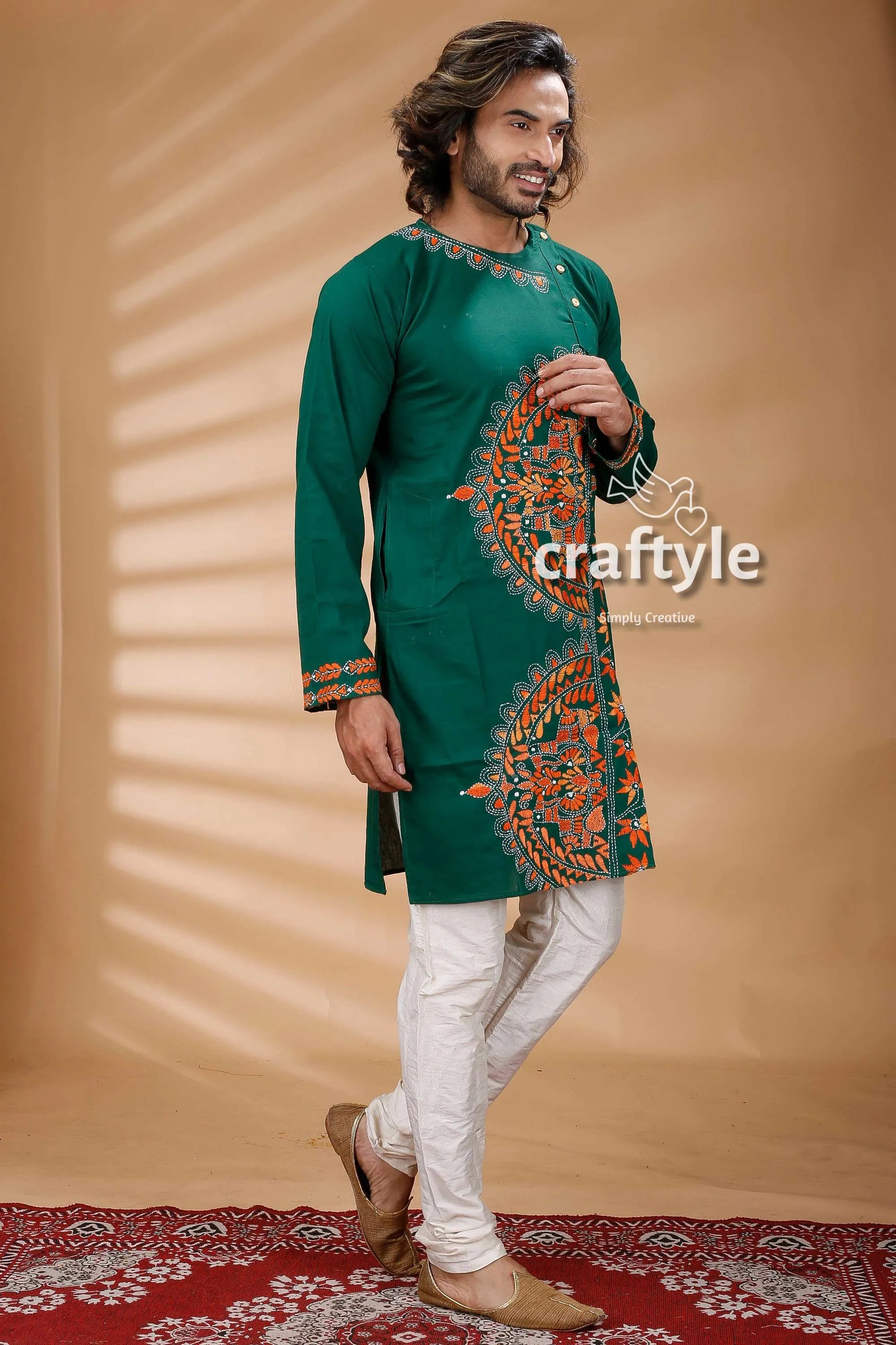 Basil green kantha work embroidered cotton mens kurta emerald intricate 3
