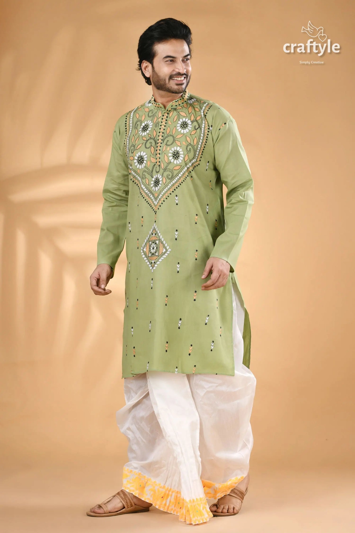 Bay leaf green kantha stitch cotton kurta for men men’s light green kurta intricate 5
