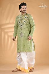 Bay leaf green kantha stitch cotton kurta for men men’s light green kurta intricate 5