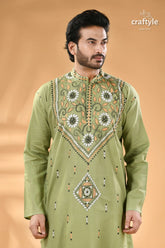 Bay leaf green kantha stitch cotton kurta for men men’s embroidered sage green kurta 2