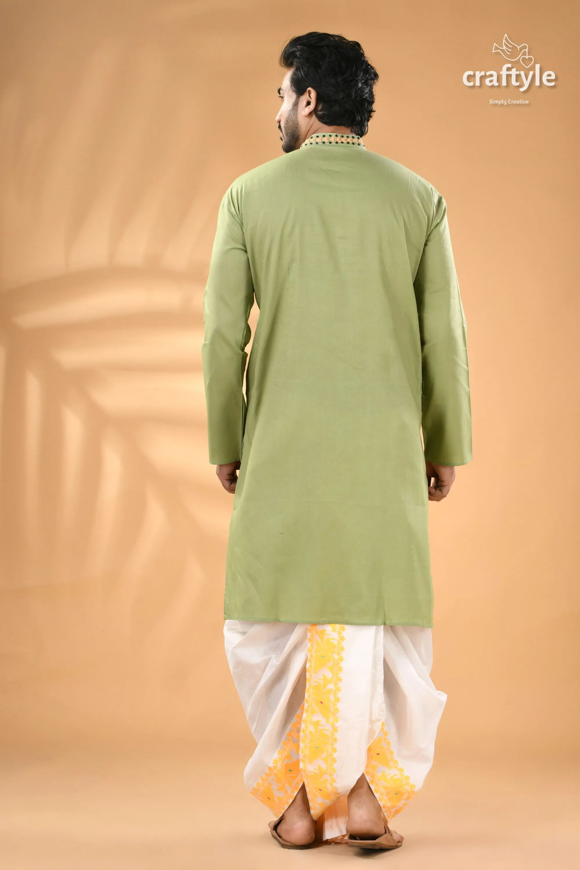 Bay leaf green kantha stitch cotton kurta for men men’s light green full-sleeve kurta 7