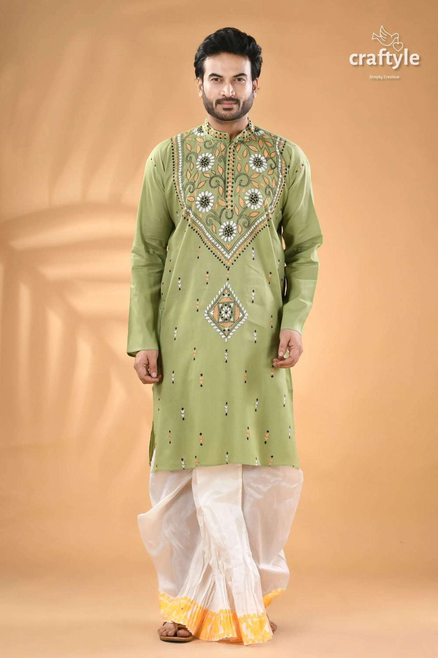 Bay leaf green kantha stitch cotton kurta for men light green embroidered men’s kurta 1