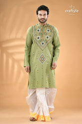 Bay leaf green kantha stitch cotton kurta for men light green embroidered men’s kurta 1