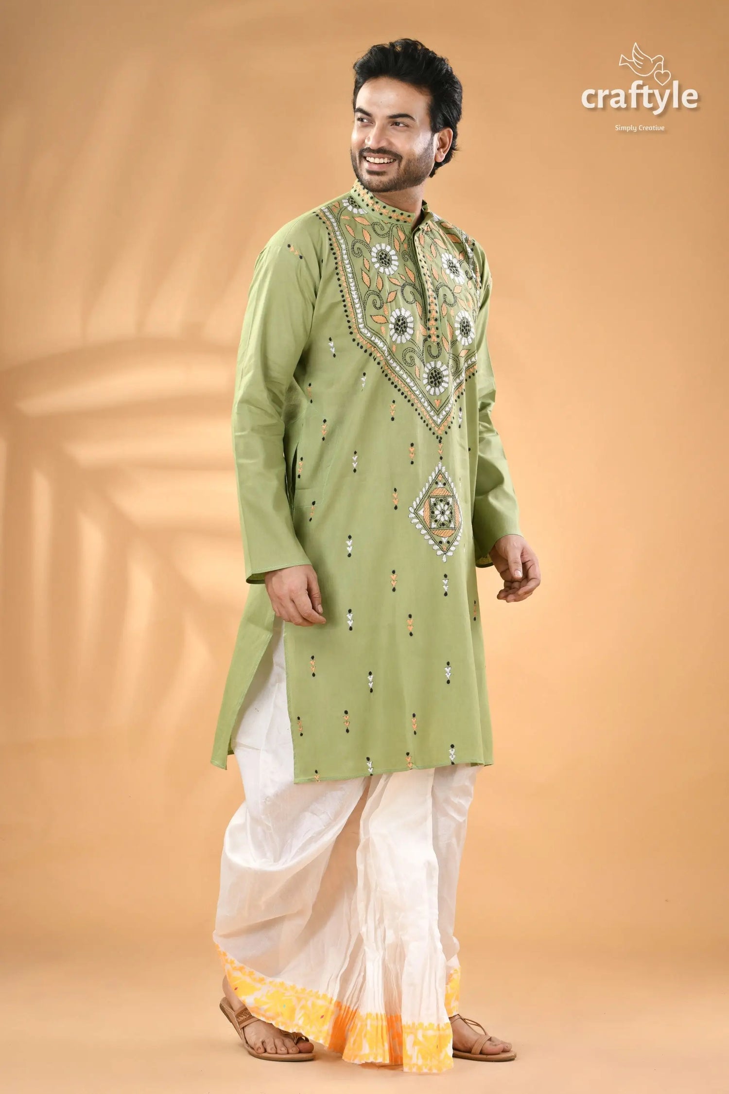 Bay leaf green kantha stitch cotton kurta for men man light green embroidered kurta 4