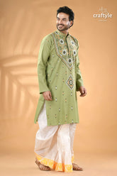 Bay leaf green kantha stitch cotton kurta for men man light green embroidered kurta 4