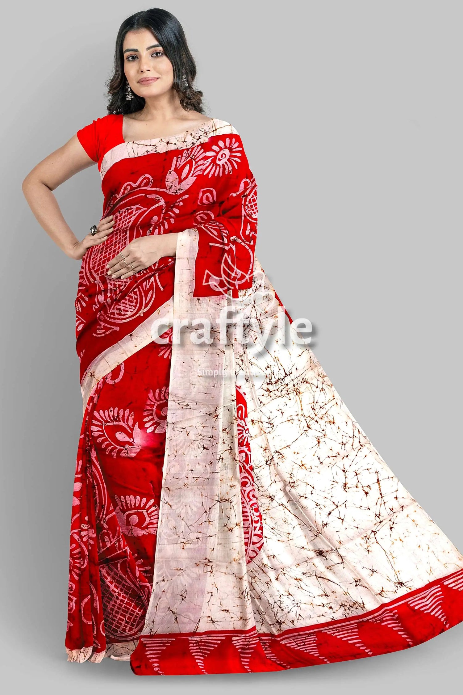 Beautiful crimson red white hand batik pure mulberry silk saree - red white batik saree 5