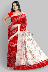 Beautiful crimson red white hand batik pure mulberry silk saree - red white batik saree 5