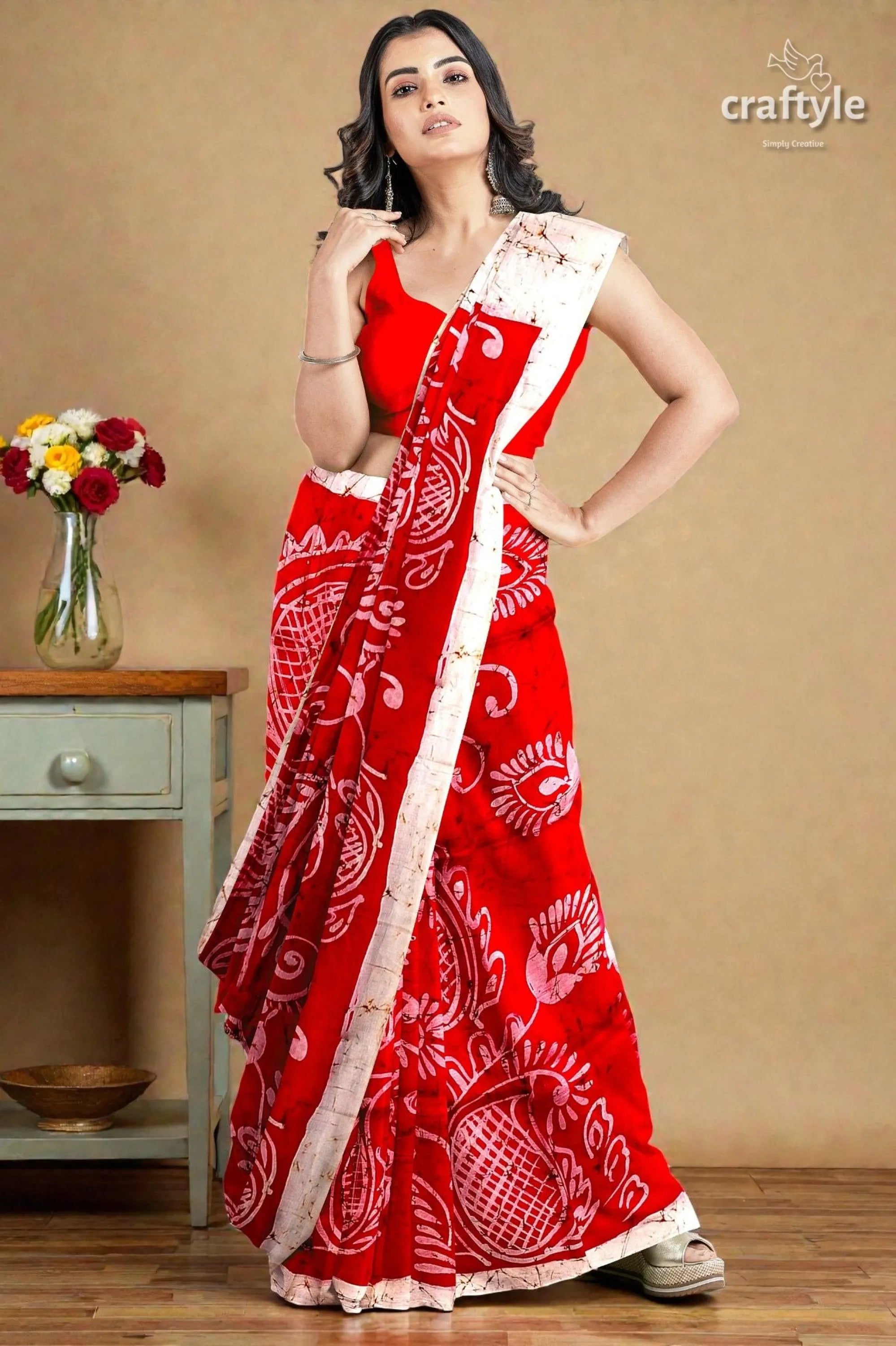 Beautiful crimson red white hand batik pure mulberry silk saree - red white patterned saree intricate 3
