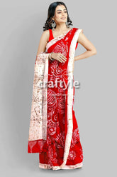 Beautiful crimson red white hand batik pure mulberry silk saree - red white patterned saree 3