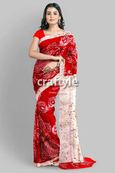 Beautiful crimson red white hand batik pure mulberry silk saree - red white patterned saree 4