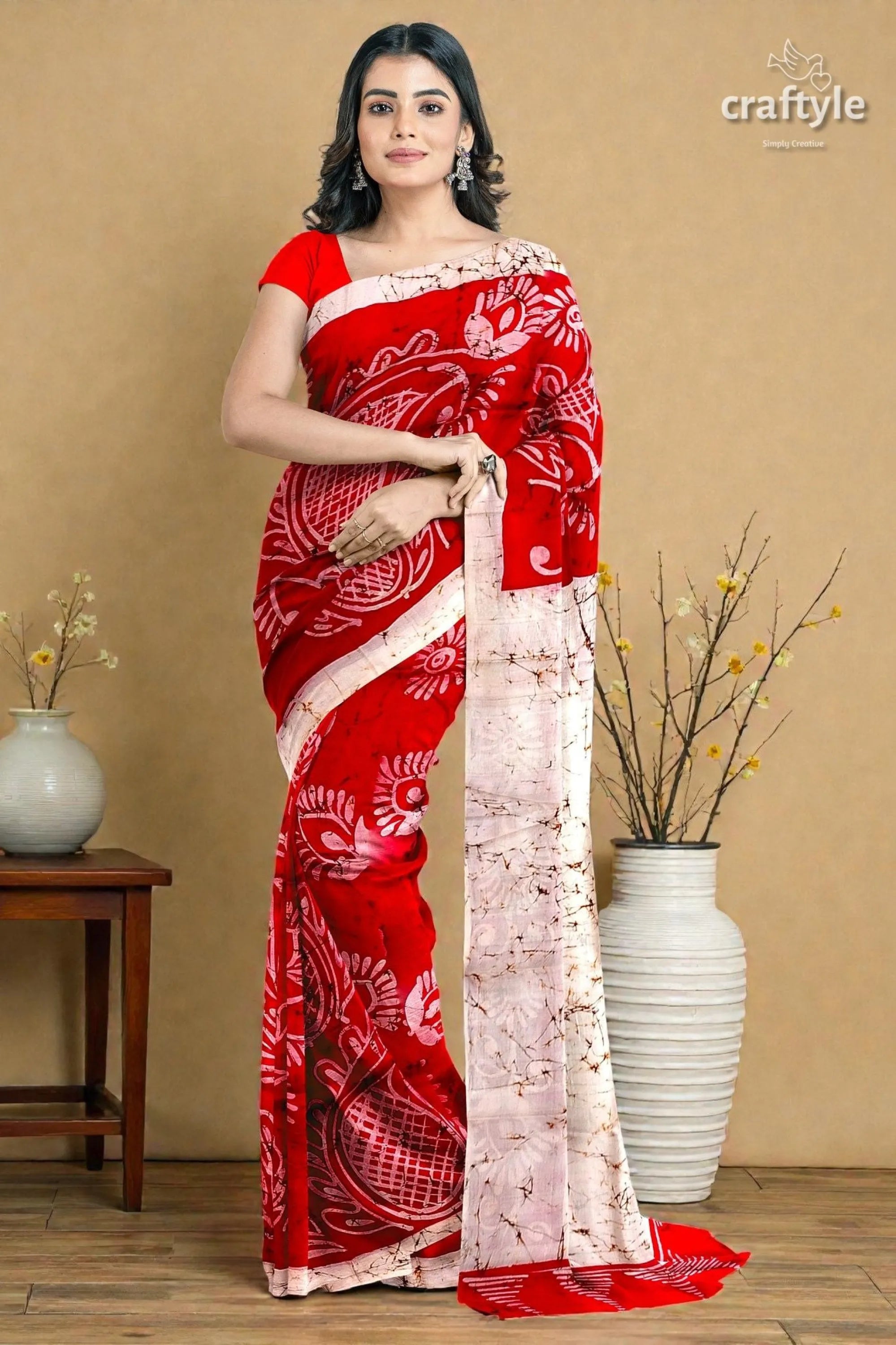 Beautiful crimson red white hand batik pure mulberry silk saree - red white batik saree intricate 5
