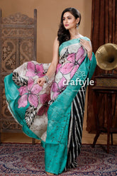 Beautiful floral motif hand batik pure mulberry silk saree woman floral striped saree 5