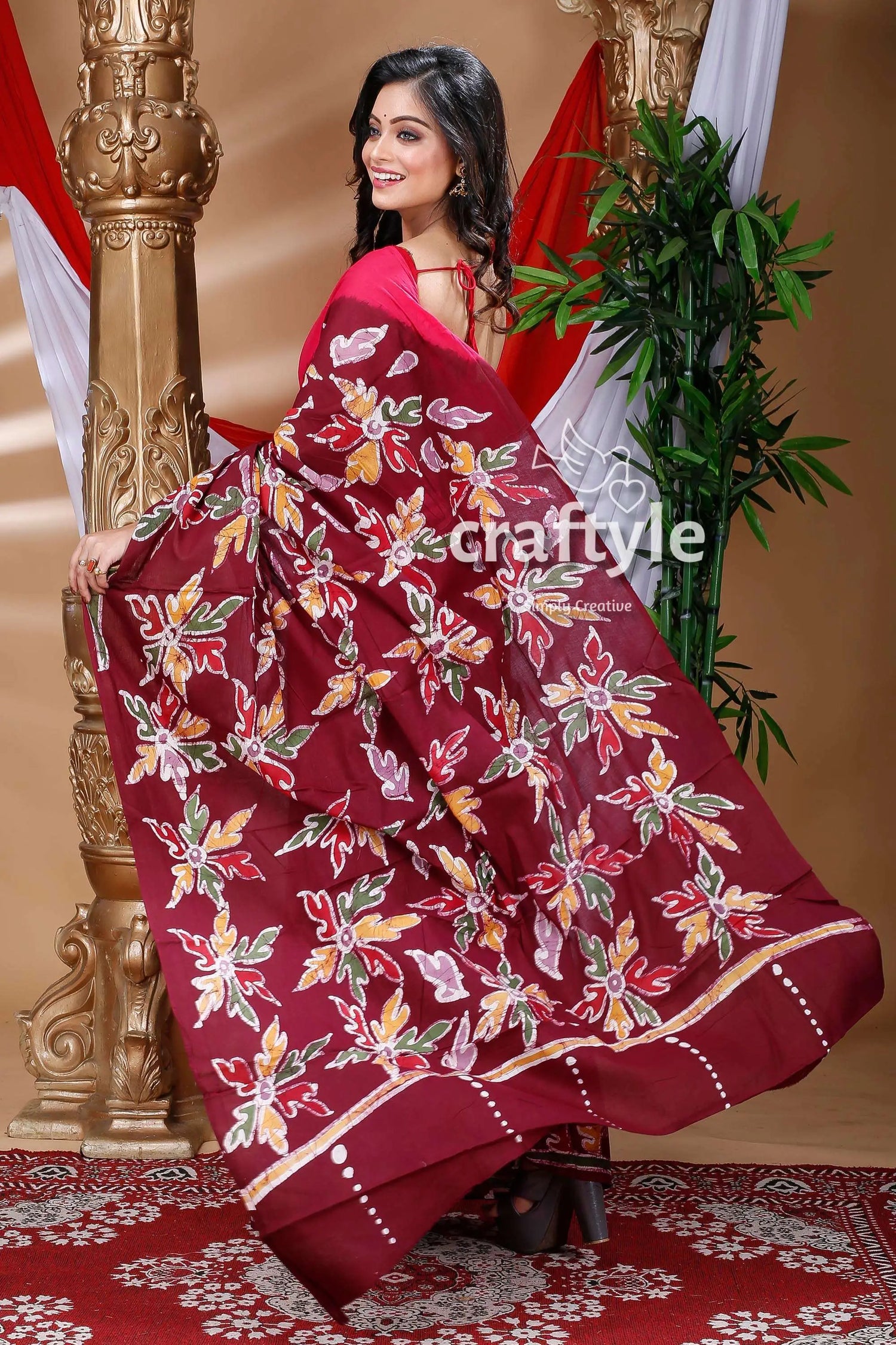 Beautiful hand batik cotton saree maroon floral-patterned saree 4