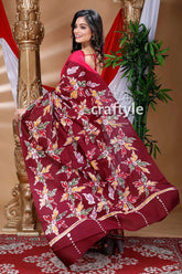 Beautiful hand batik cotton saree maroon floral-patterned saree 4
