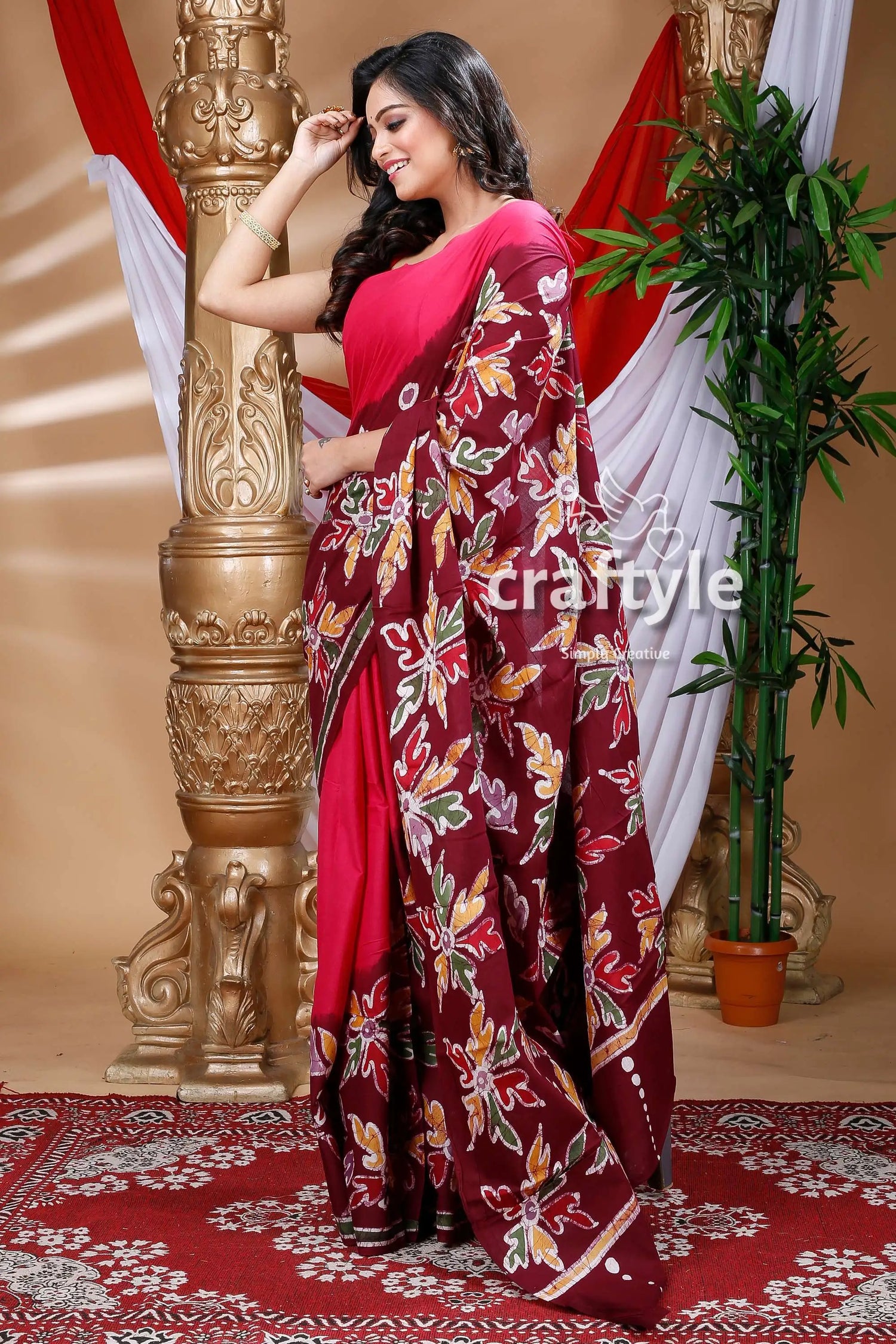 Beautiful hand batik cotton saree woman maroon pink saree 3