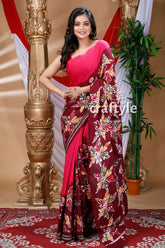 Beautiful hand batik cotton saree woman pink maroon floral saree 1