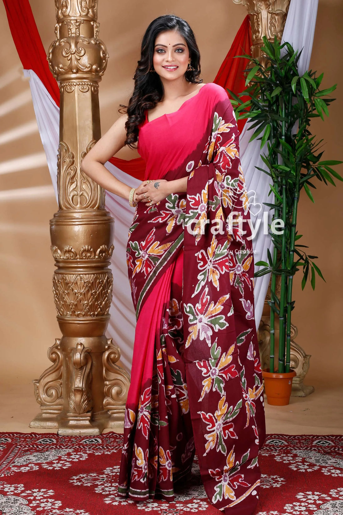 Beautiful hand batik cotton saree woman pink maroon floral 1