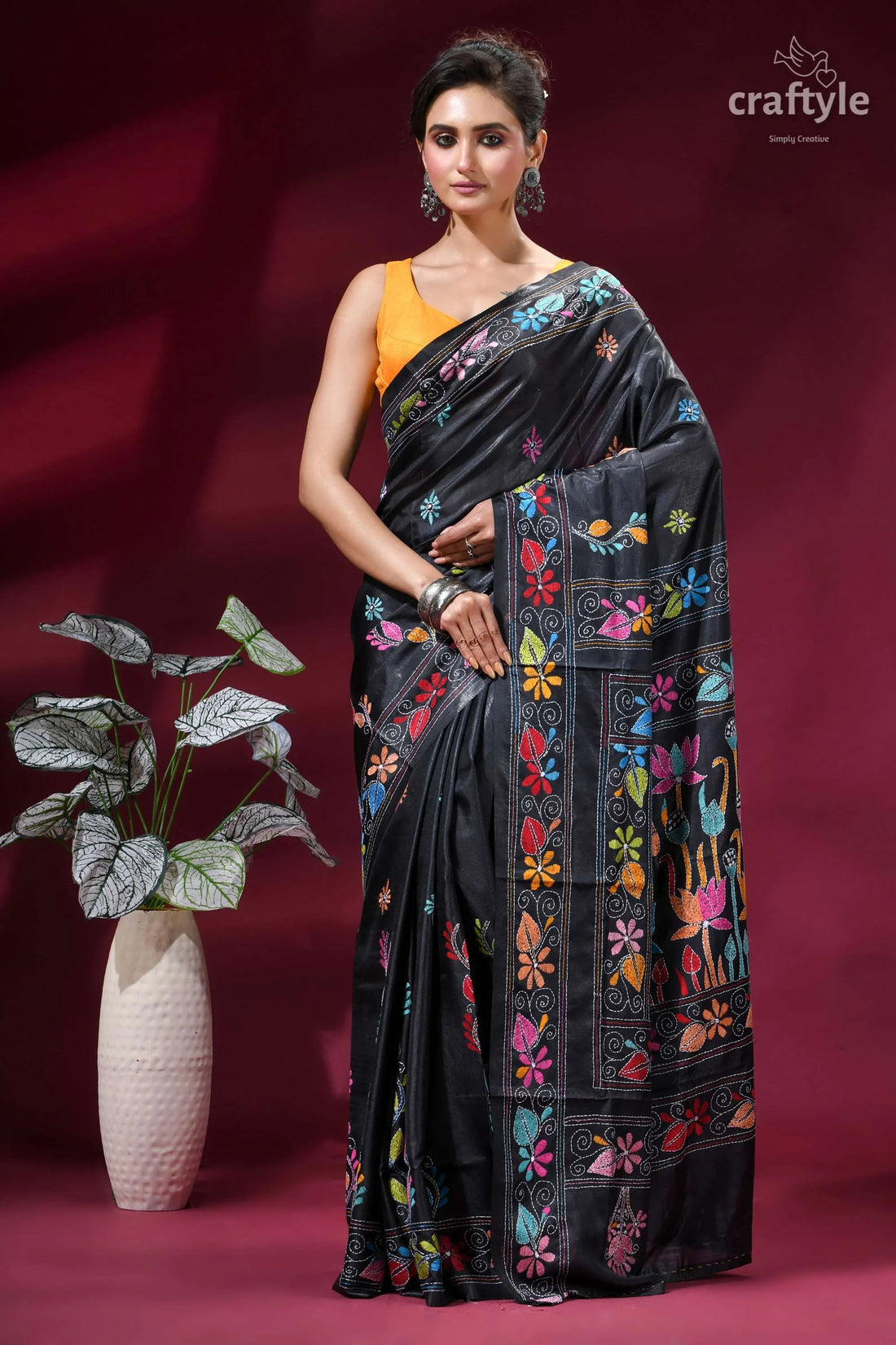 Beautiful lotus motif handmade silk kantha work saree in black black silk saree adorned vibrant 1