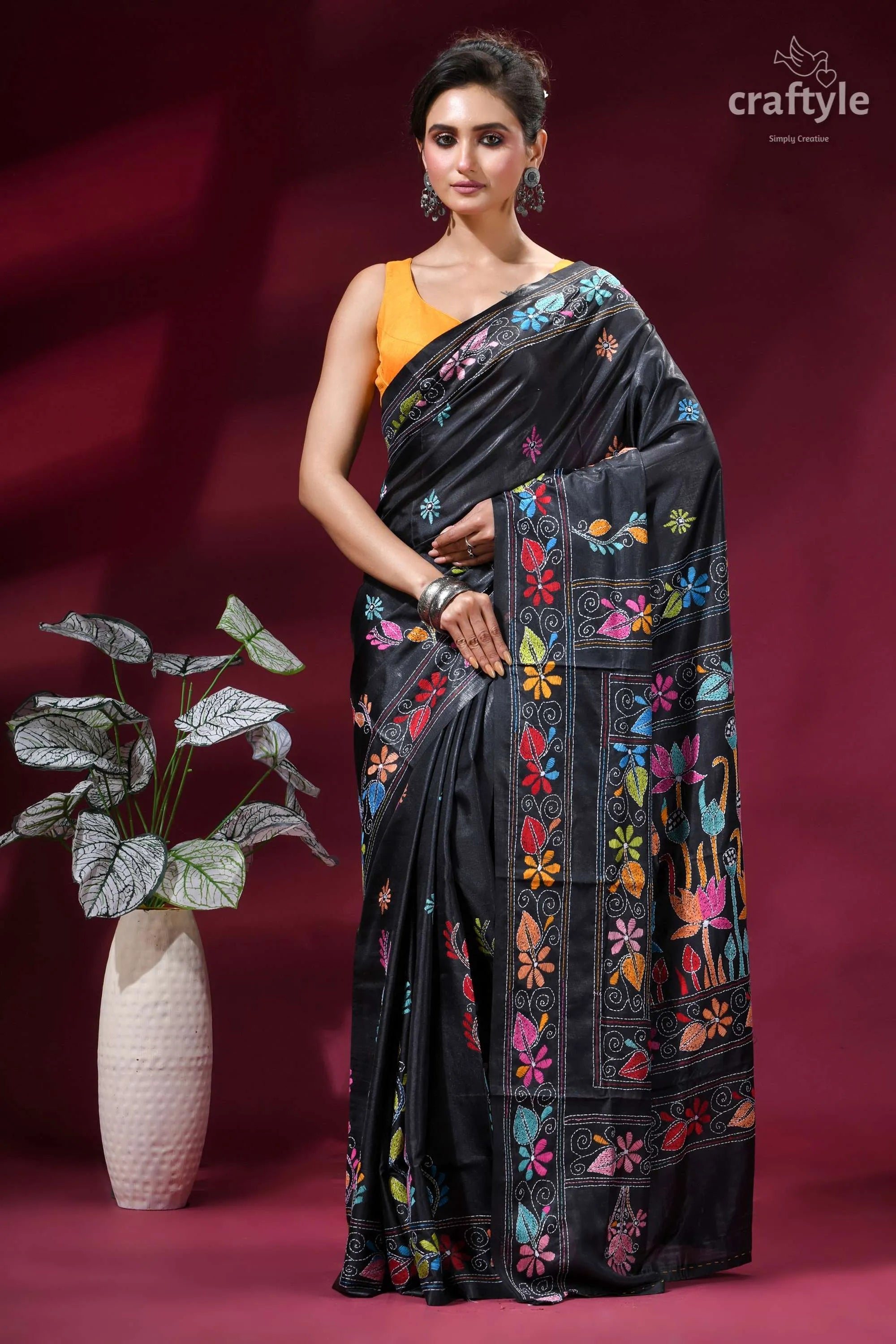 Beautiful lotus motif handmade silk kantha work saree in black black silk saree adorned vibrant 1