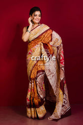 Beautiful owl painted handmade batik pure mulberry silk saree printed saree earth tones 1