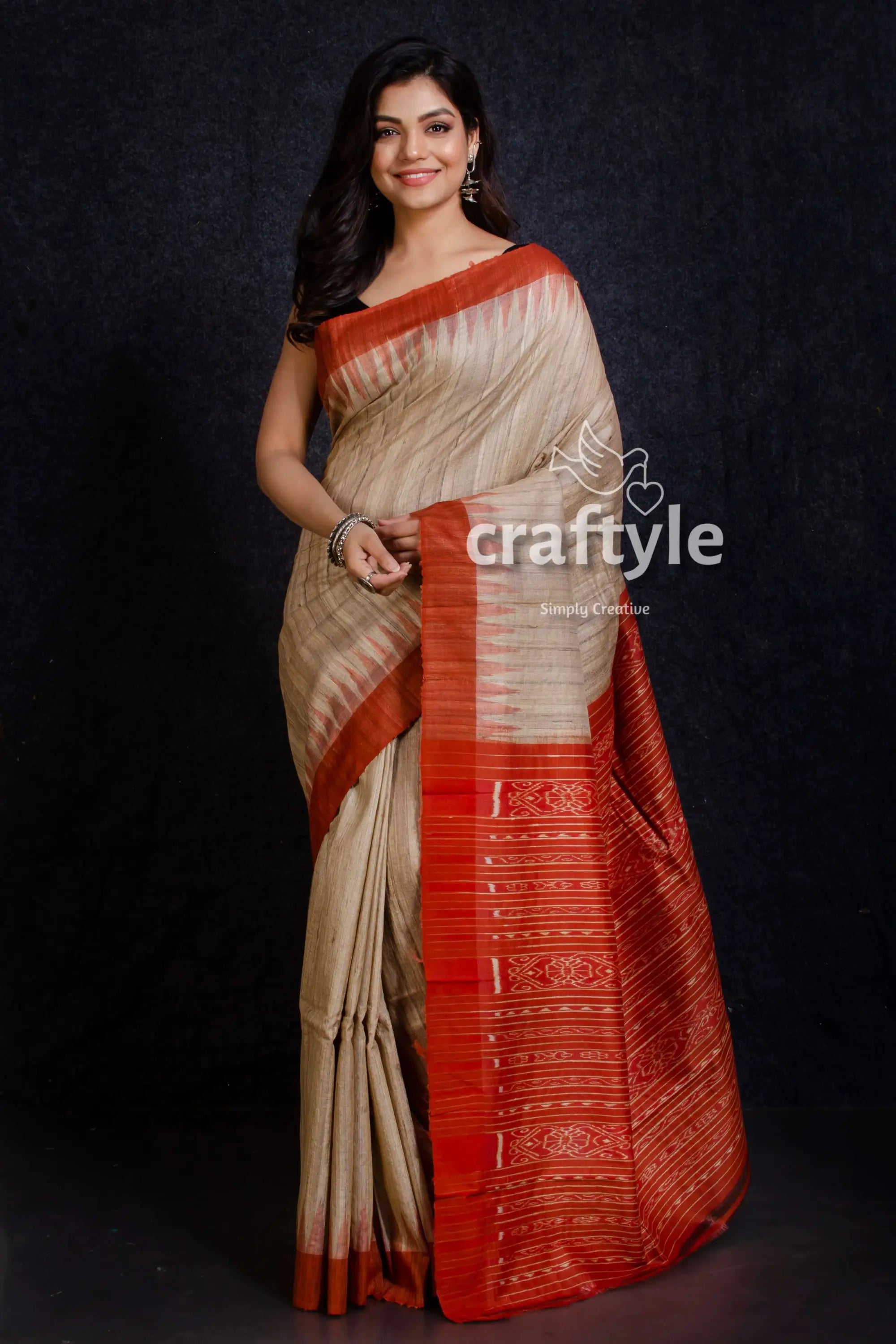 beige-and-fire-orange-sambalpuri-ikat-tussar-ghicha-silk-saree