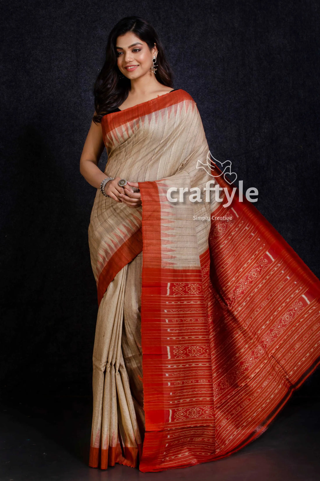 Beige and fire orange sambalpuri ikat tussar ghicha silk saree beige rust-red silk saree intricate 2