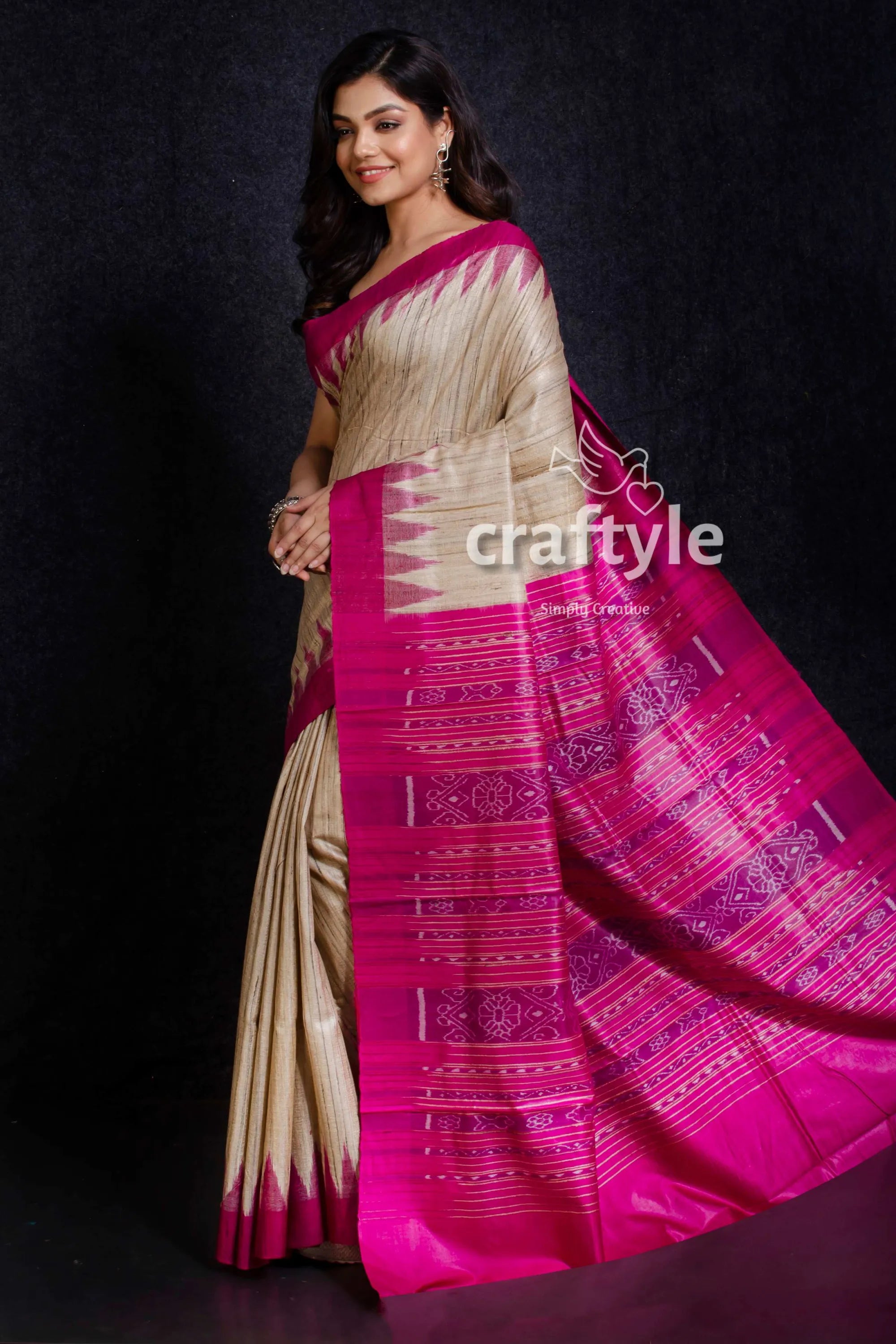 Beige and magenta handwoven sambalpuri ikat tussar ghicha silk saree vibrant pink beige silk saree 3