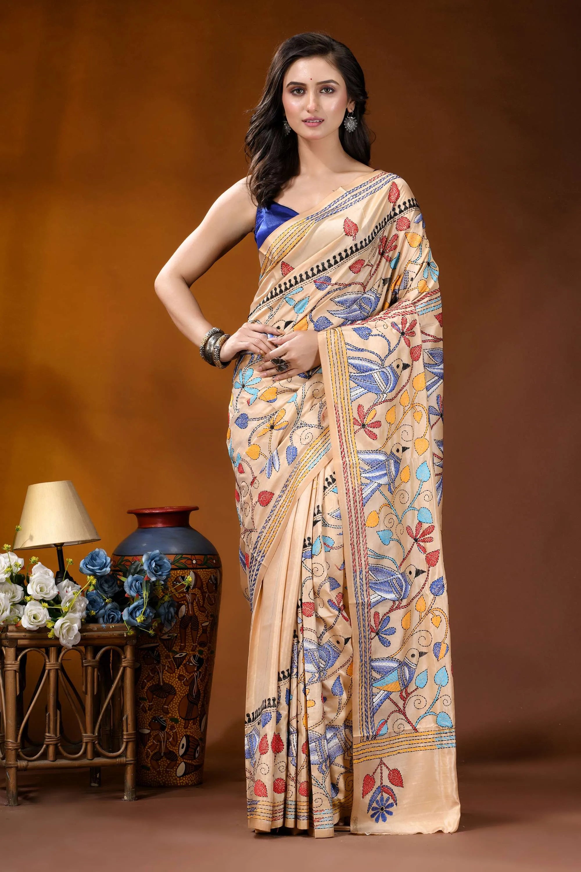 Beige bird motif multicolor hand embroidered kantha silk saree beige silk saree intricate hand-embroidered 1
