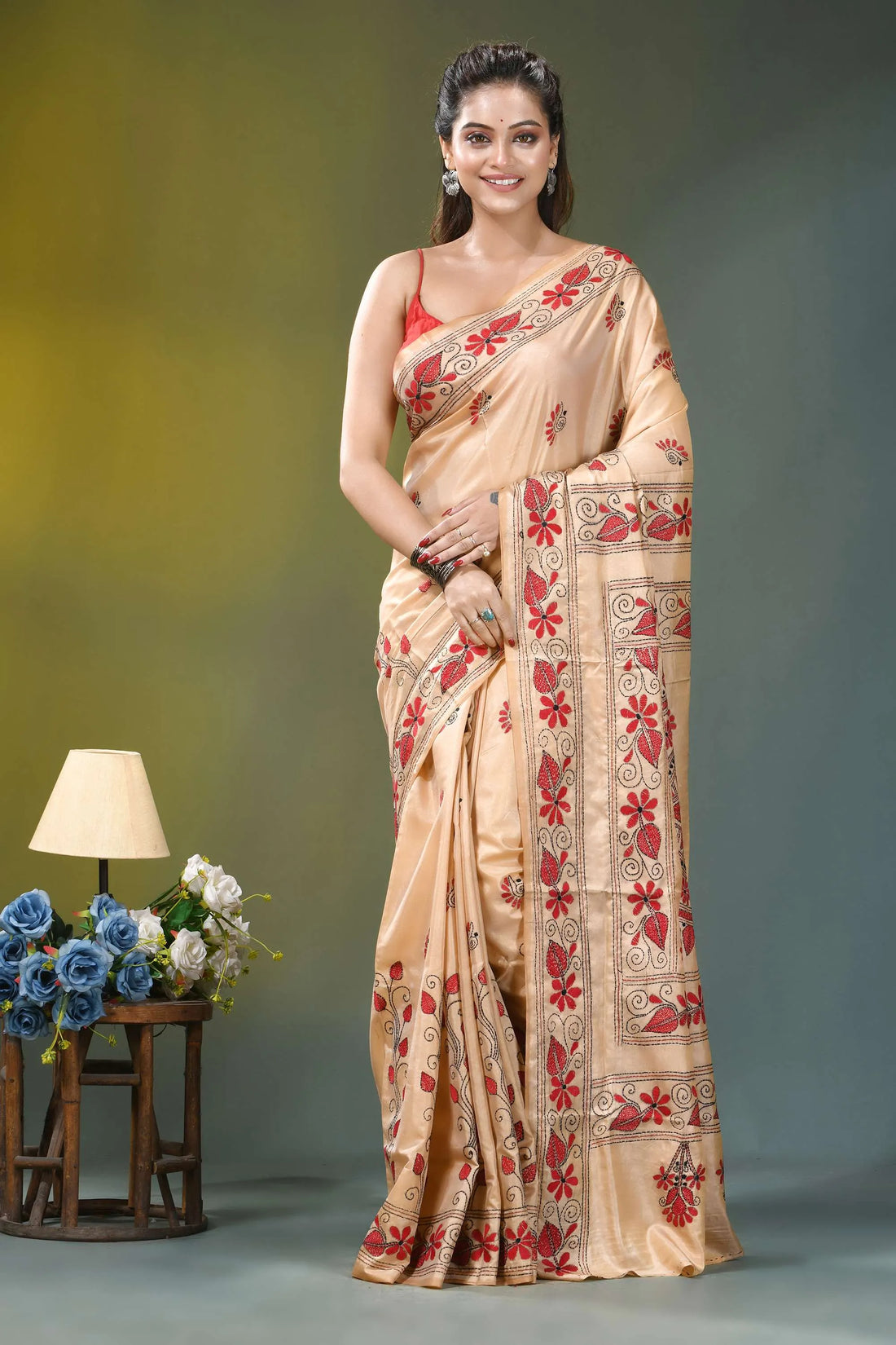 Beige floral design handcrafted silk kantha work saree beige silk saree intricate red 1