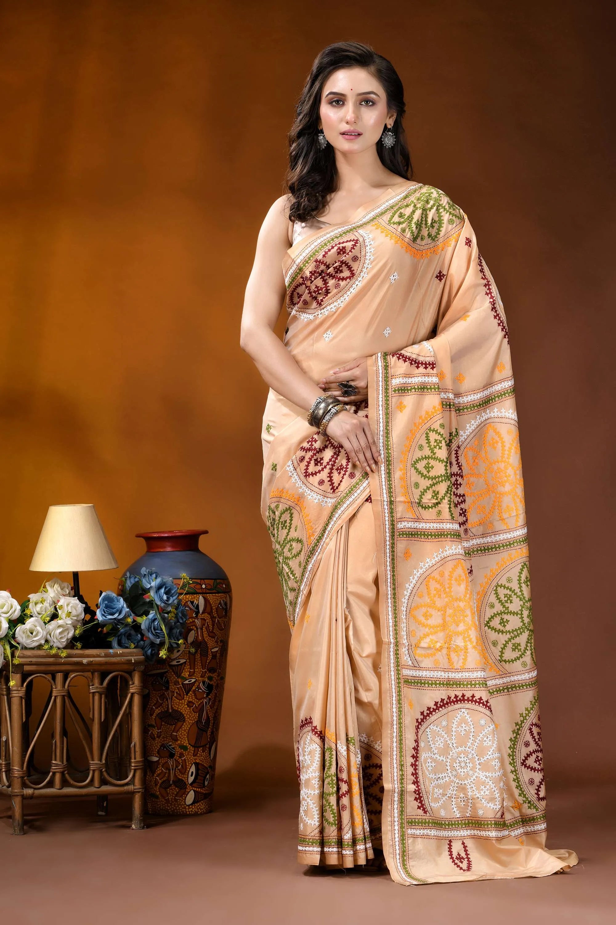 Beige multi-thread floral motif kutch embroidery silk saree beige silk saree intricate embroidered 1