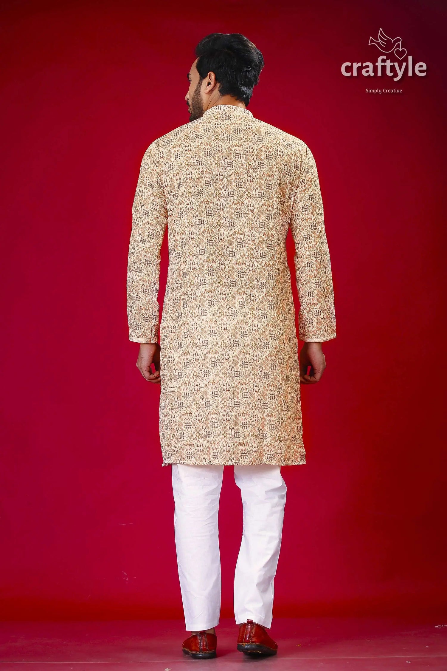 Beige multicolor sequin embellished embroidered kurta for men man patterned kurta white pants 4