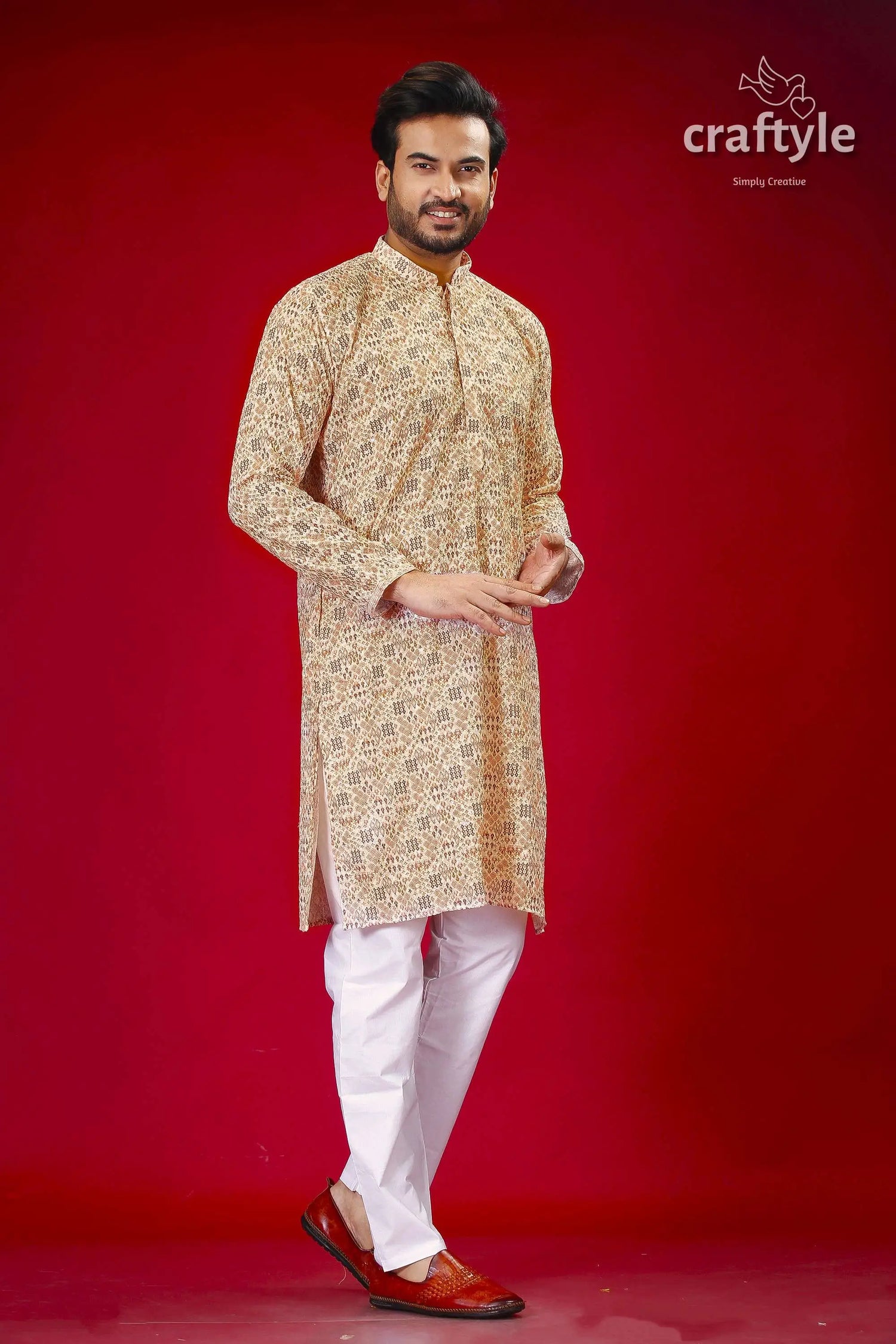 Beige multicolor sequin embellished embroidered kurta for men man patterned kurta white pants 3