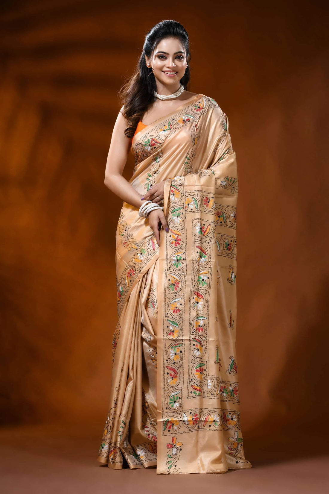 Beige silk kantha saree with multicolor floral hand embroidery 1