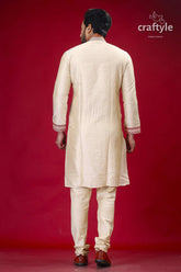 Beige silk kurta with red embroidery design for men man’s cream colored kurta pajama set 5