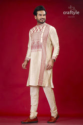 Beige silk kurta with red embroidery design for men embroidered cream colored kurta pajama set 4