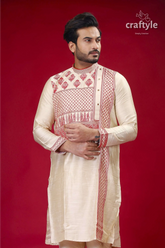 Beige silk kurta with red embroidery design for men men’s embroidered kurta 2
