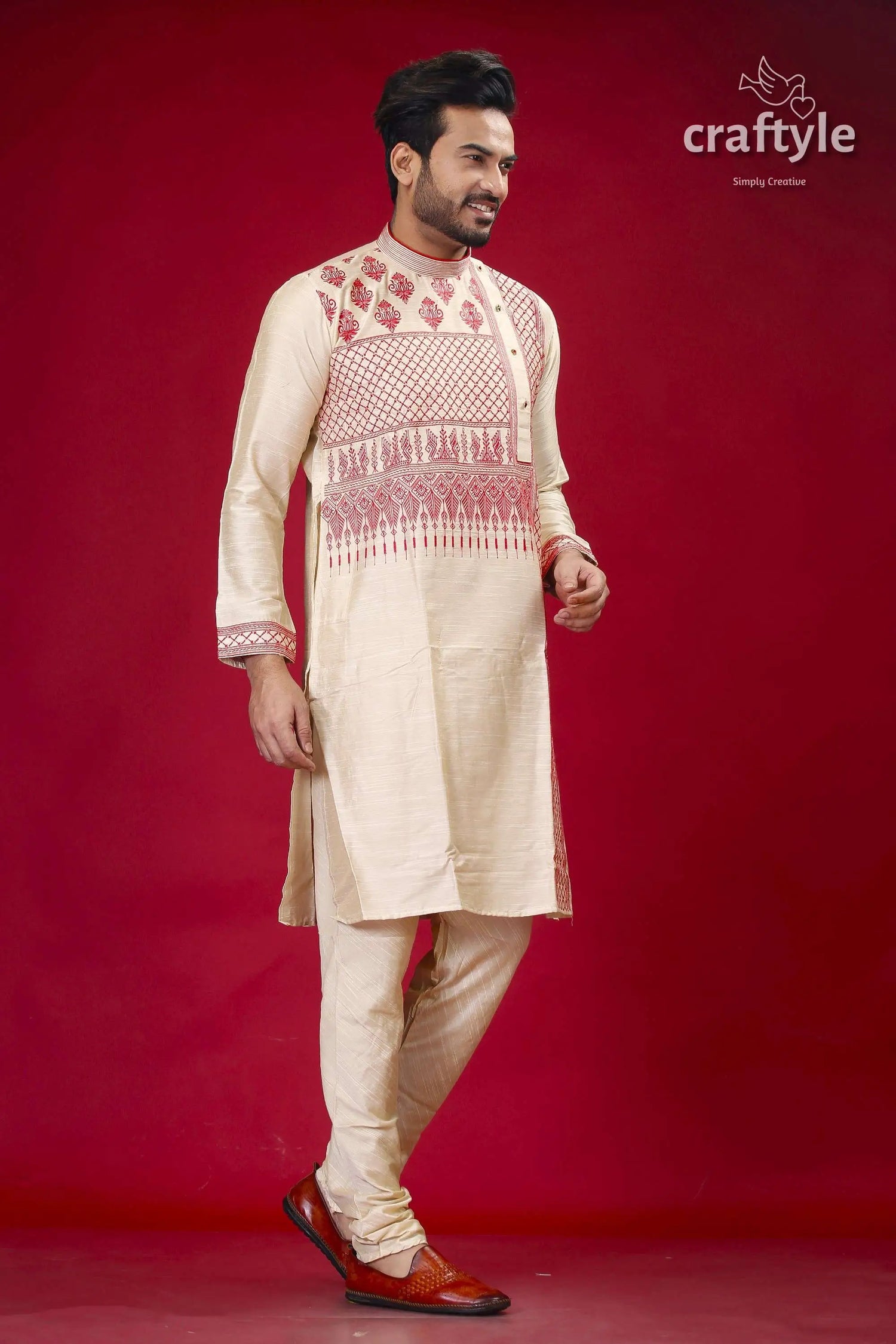 Beige silk kurta with red embroidery design for men man embroidered kurta pajama 3