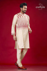 Beige silk kurta with red embroidery design for men man embroidered kurta pajama 3