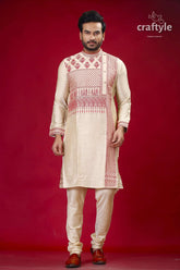 Beige silk kurta with red embroidery design for men man embroidered kurta pajama 1