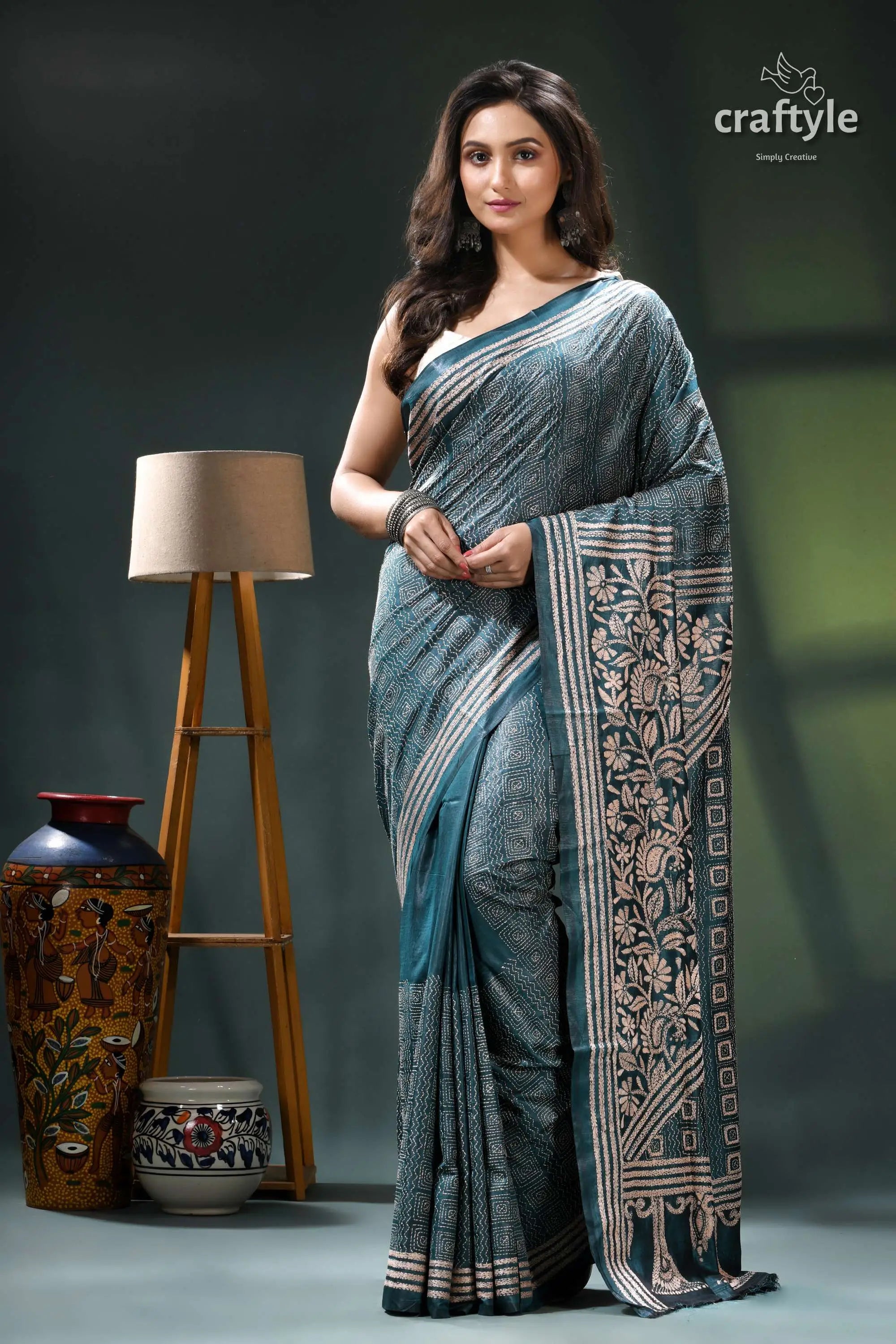 Beige thread all-over work kantha silk saree in teal blue blue white saree floral pattern 1