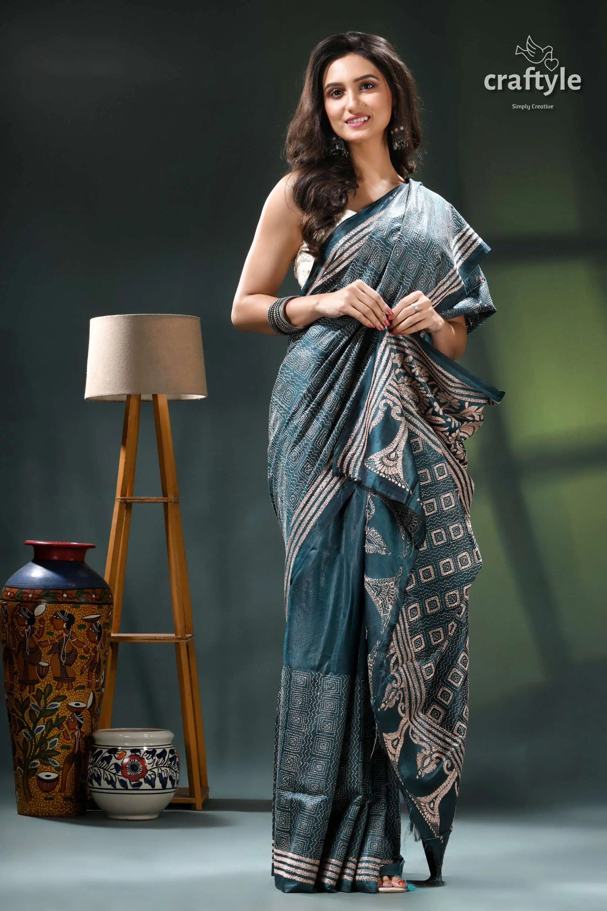 Beige thread all-over work kantha silk saree in teal blue teal black saree geometric patterns 5