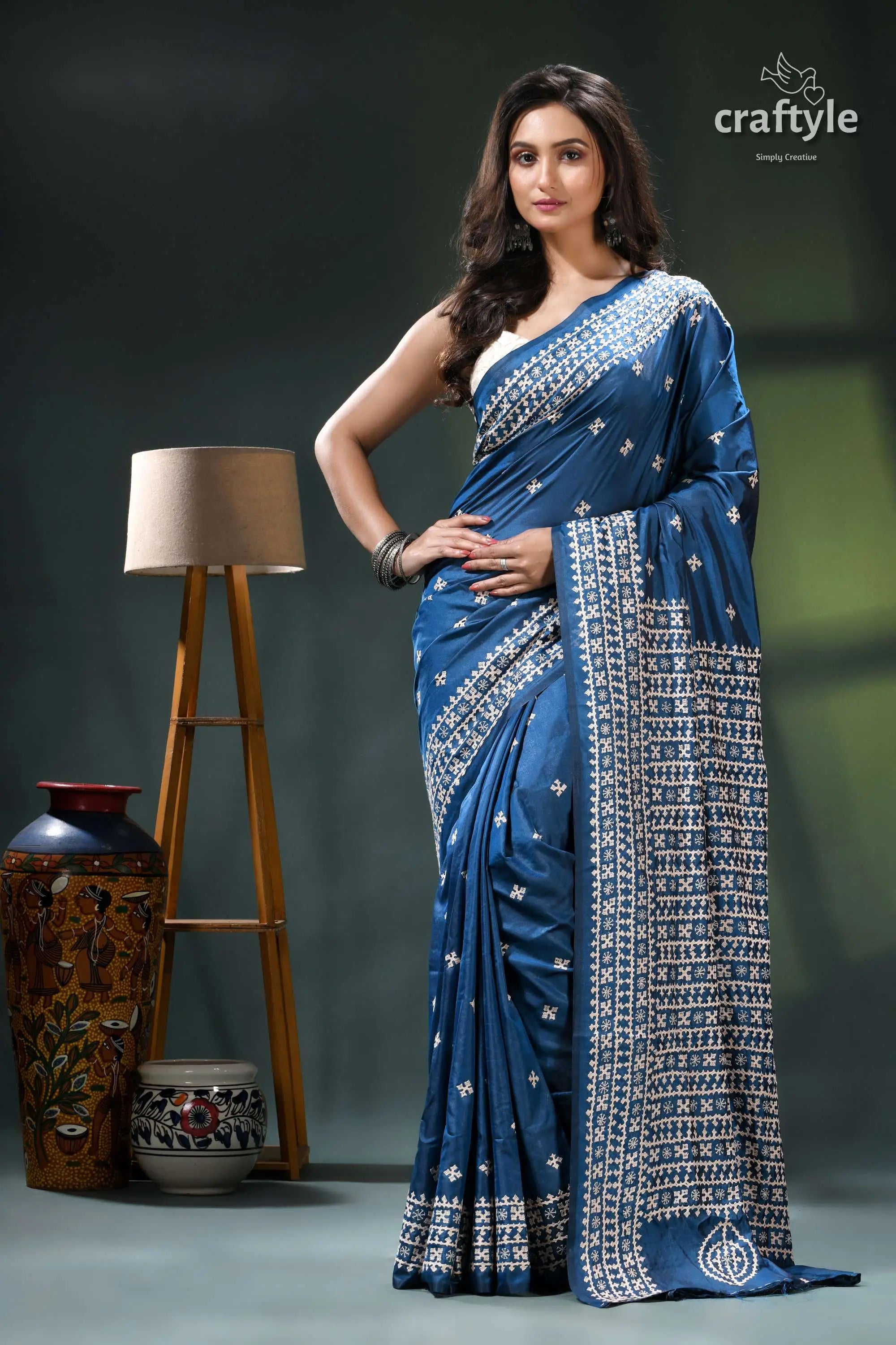 Beige thread handwork venice blue intricate gujrati stitch silk saree blue white saree intricate patterns 1
