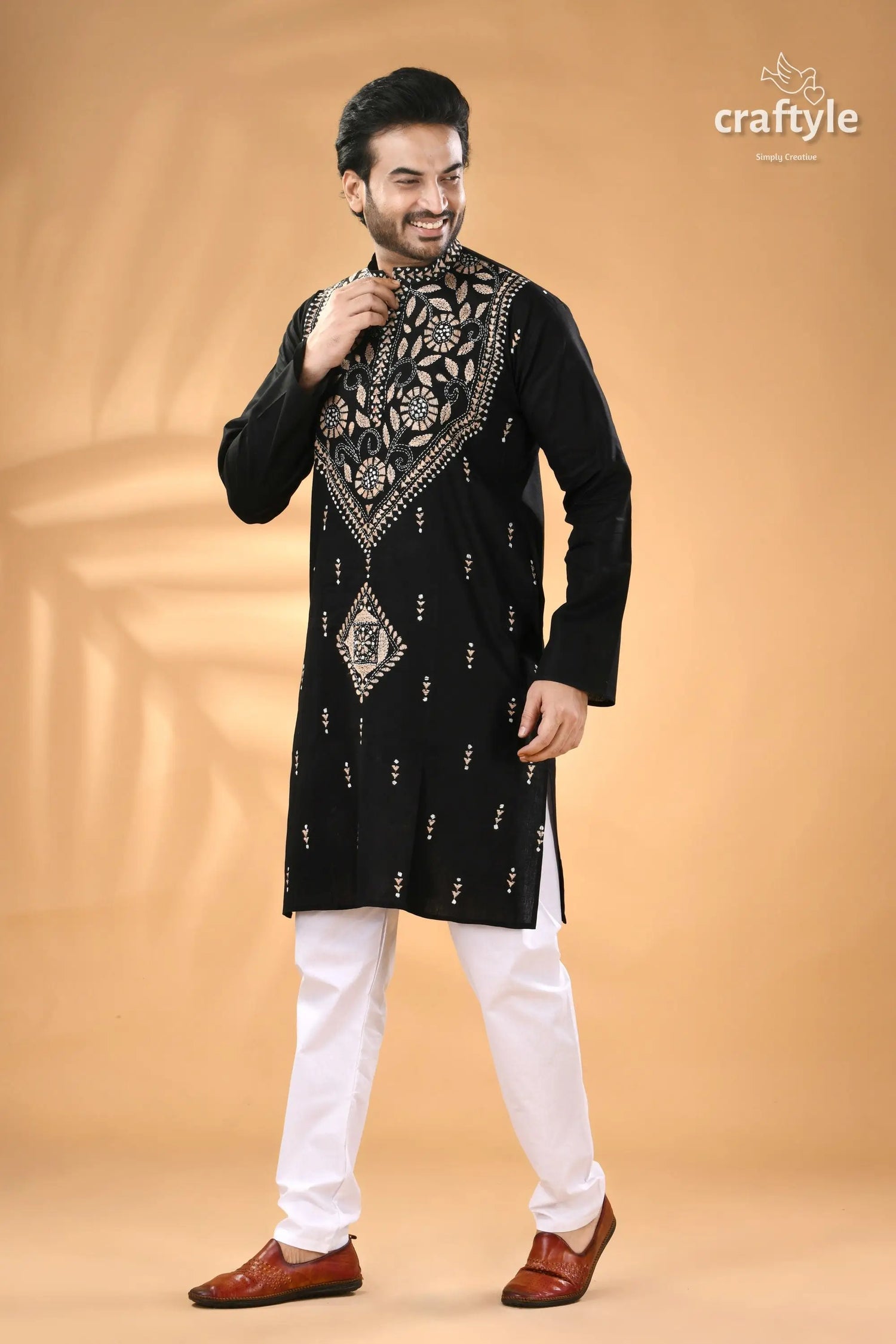 Beige thread work ebony black kantha cotton panjabi for men black long sleeved kurta elaborate white 4