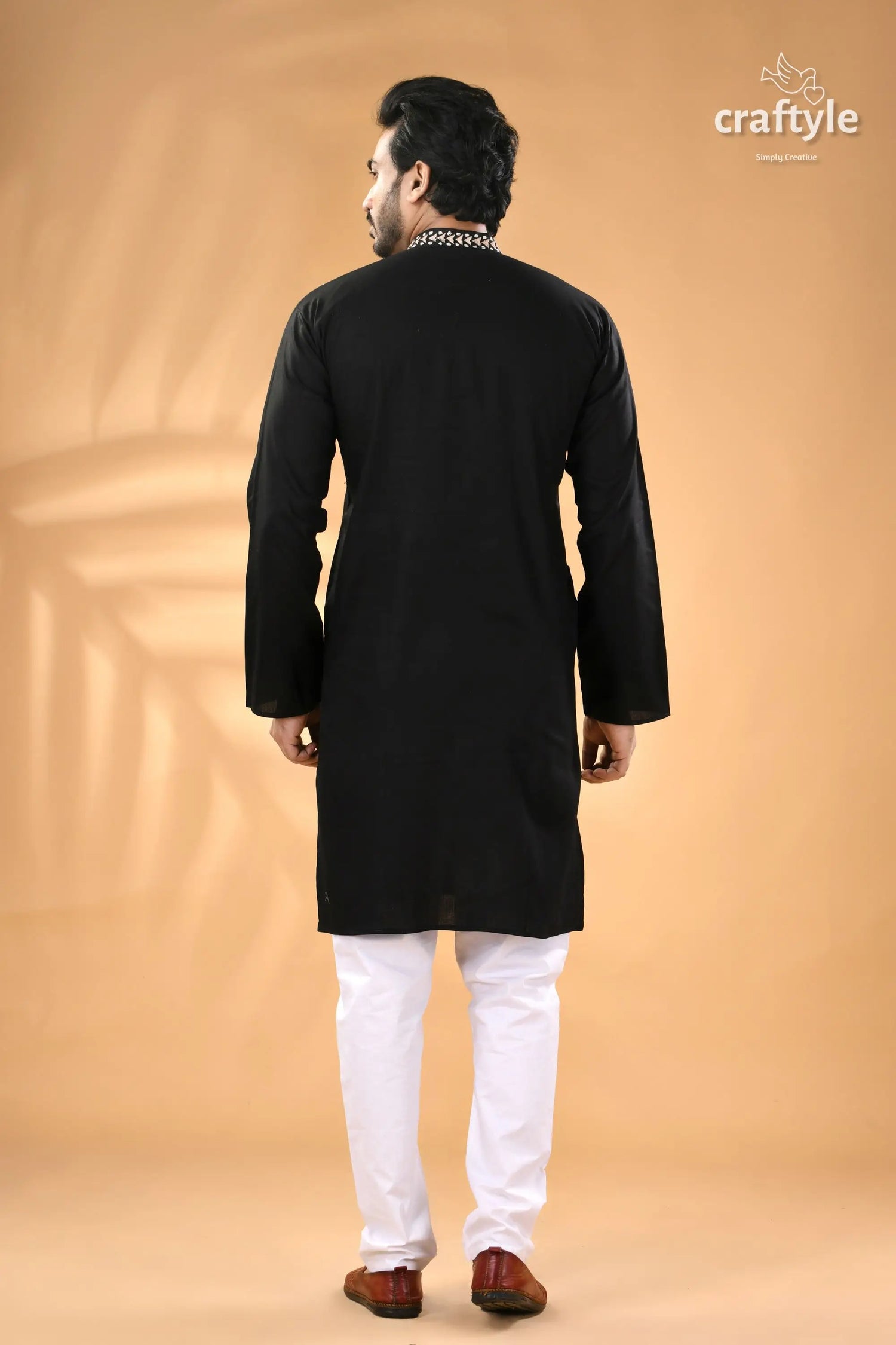 Beige thread work ebony black kantha cotton panjabi for men men’s black kurta white churidar 6