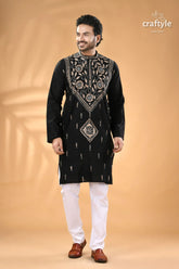 Beige thread work ebony black kantha cotton panjabi for men men’s black embroidered kurta white 5