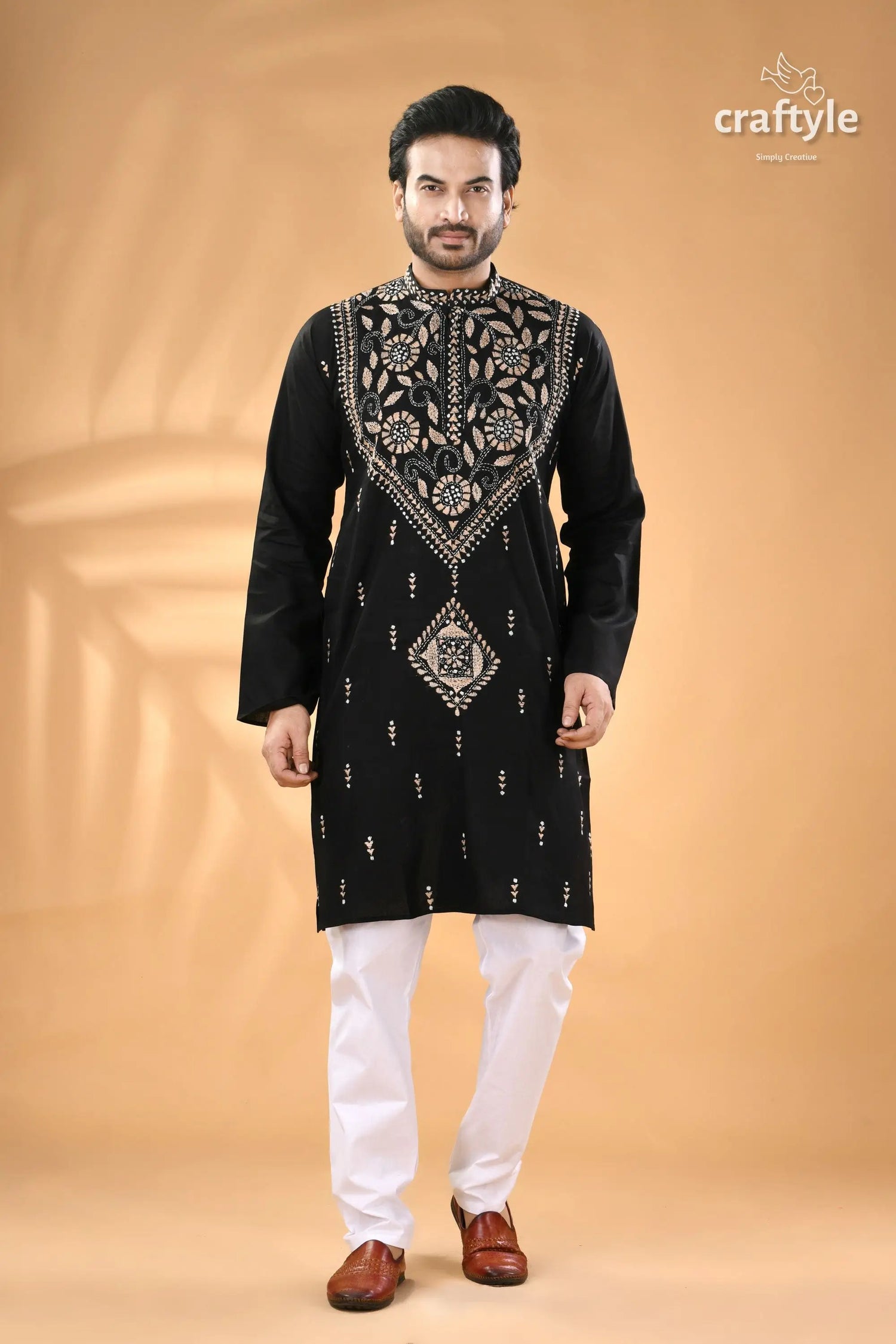 Beige thread work ebony black kantha cotton panjabi for men men’s black embroidered kurta white 1